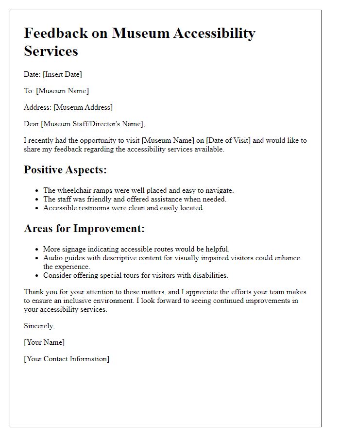 Letter template of feedback on museum accessibility services