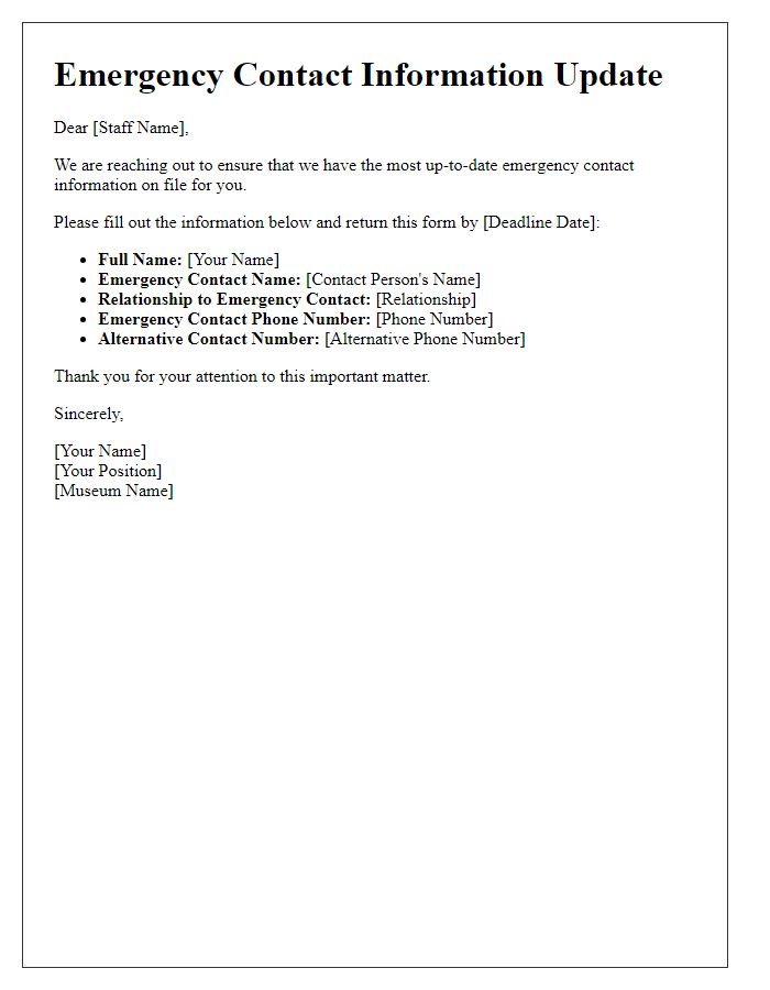 Letter template of emergency contact information update for museum staff.