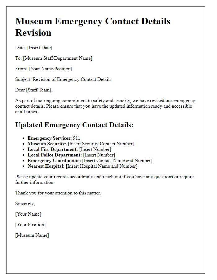 Letter template of museum emergency contact details revision.