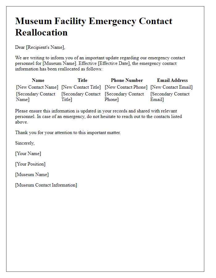 Letter template of museum facility emergency contact reallocation.