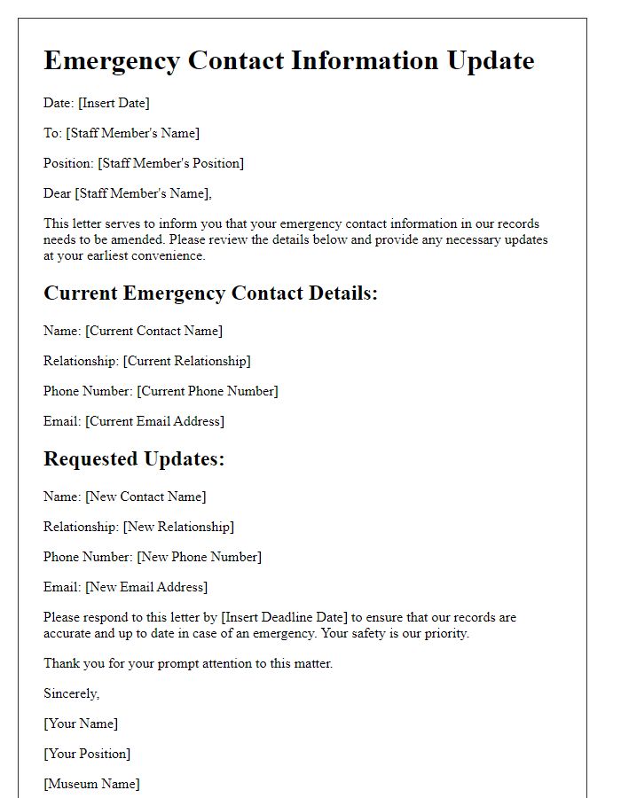 Letter template of museum staff emergency contact information amendment.