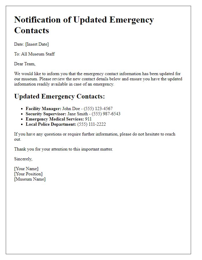 Letter template of notification for updated emergency contacts at the museum.