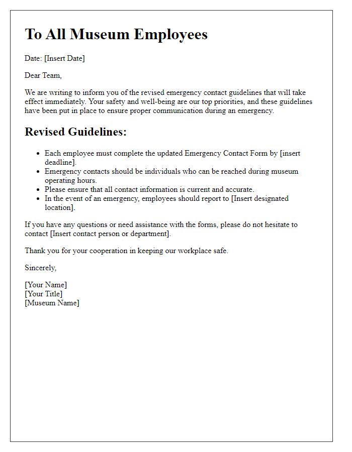 Letter template of revised emergency contact guidelines for museum employees.