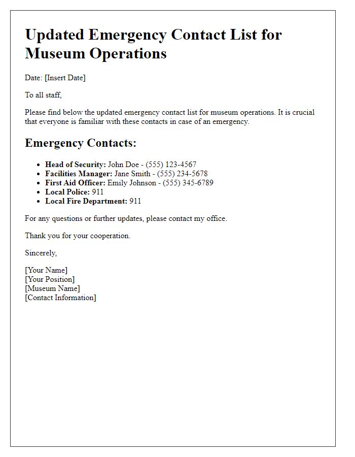 Letter template of updated emergency contact list for museum operations.