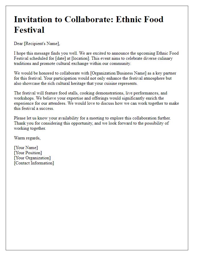 Letter template of collaboration invitation for the ethnic food festival.