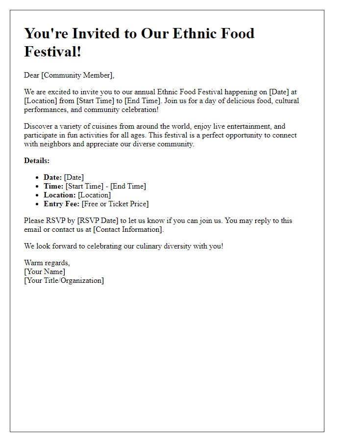 Letter template of community invitation for the ethnic food festival.