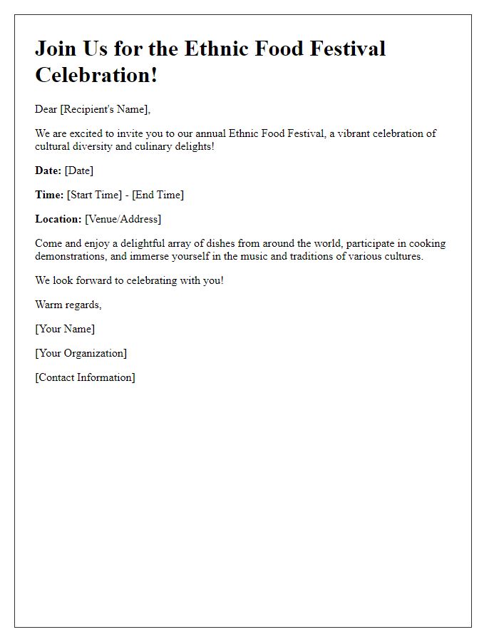 Letter template of invitation to an ethnic food festival celebration.