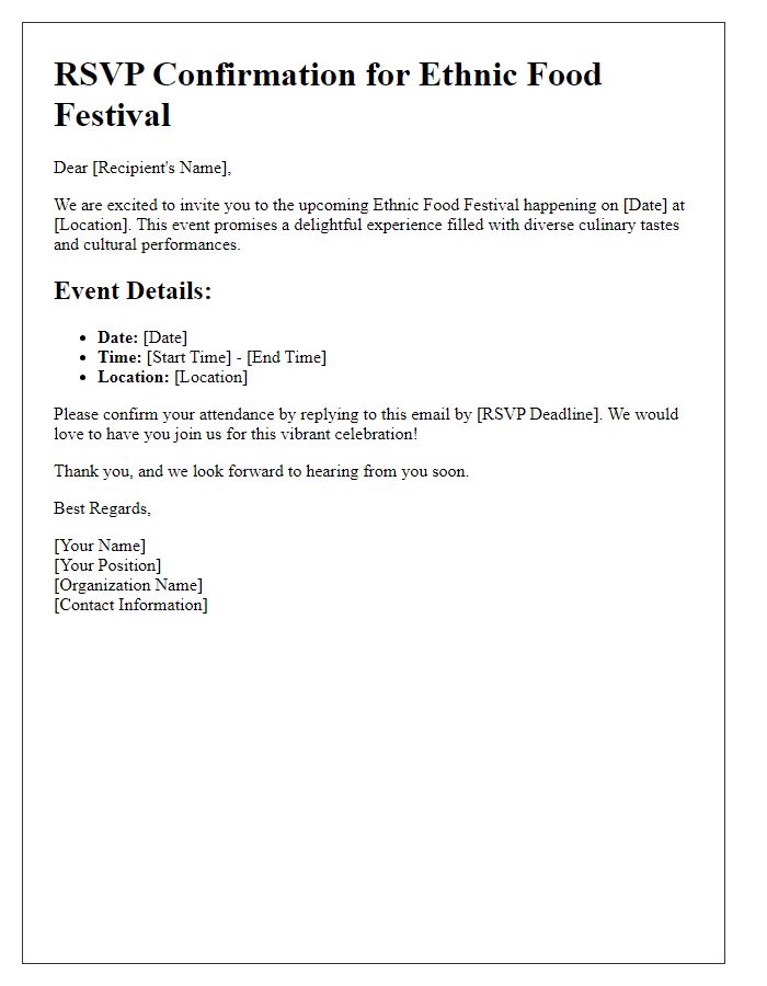 Letter template of RSVP for the upcoming ethnic food festival.