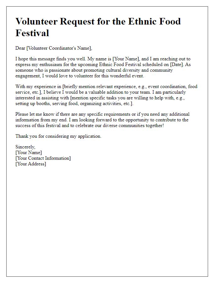 Letter template of volunteer request for the ethnic food festival.