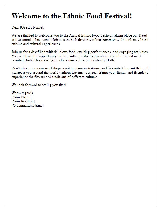 Letter template of welcome to the ethnic food festival event.