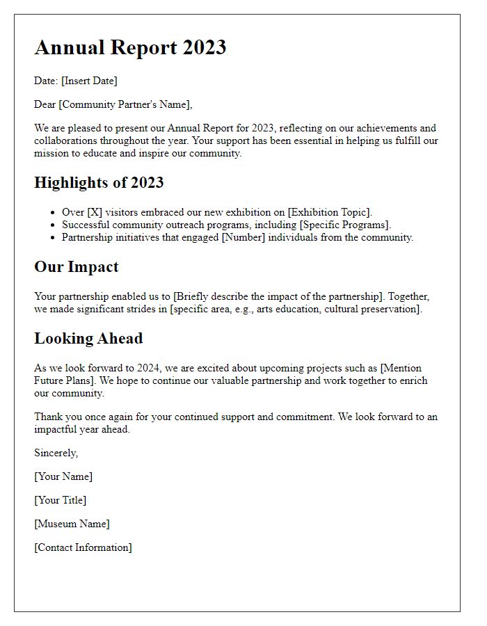 Letter template of museum annual report for community partners