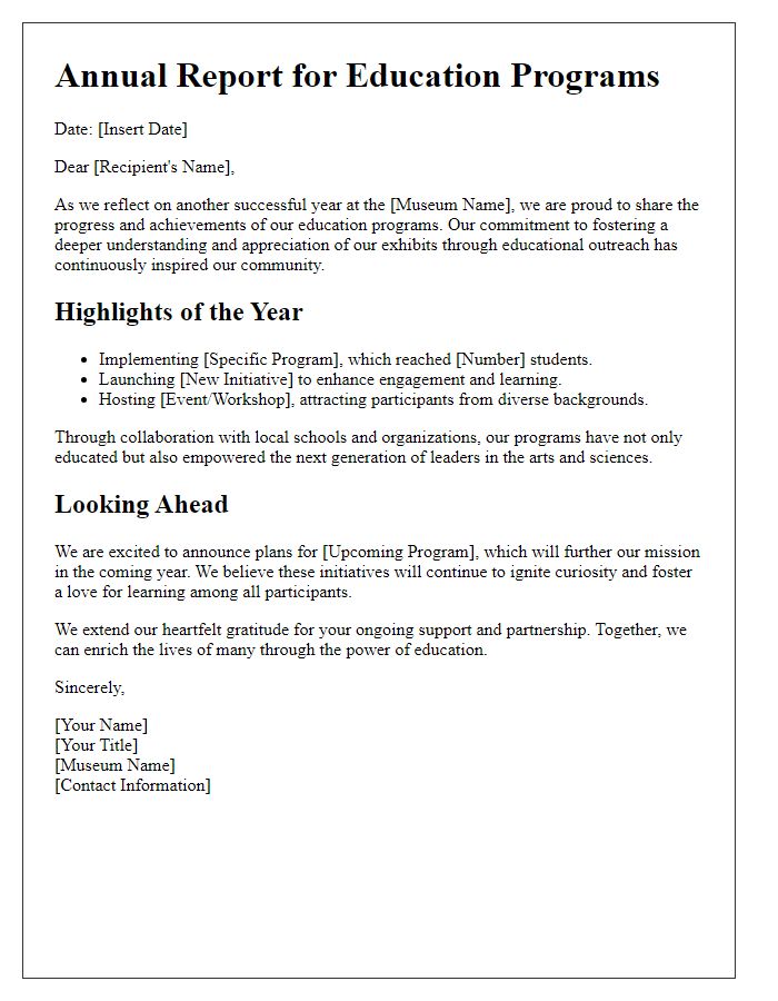 Letter template of museum annual report for education programs