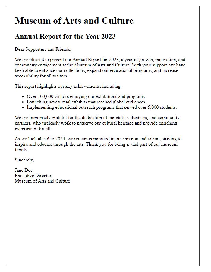 Letter template of museum annual report for online publication