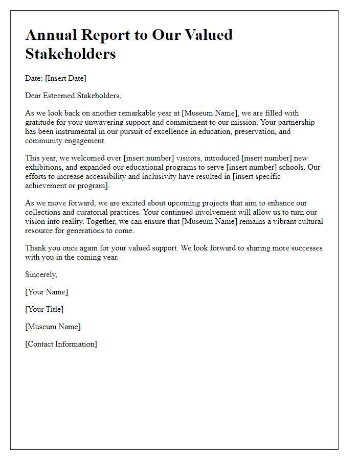 Letter template of museum annual report for stakeholders