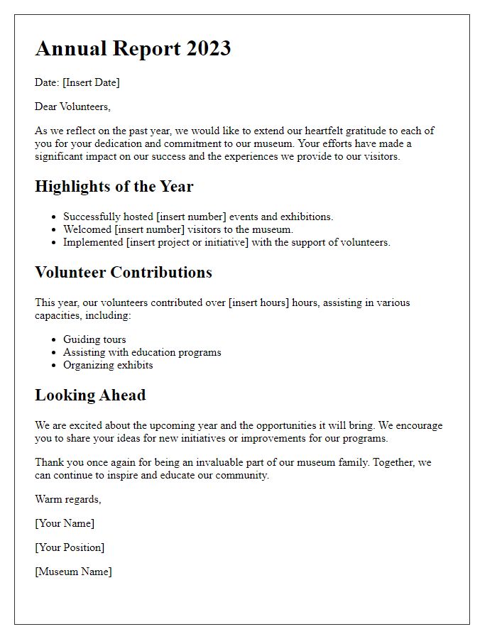 Letter template of museum annual report for volunteers