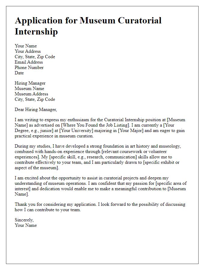 Letter template of application for museum curatorial internship