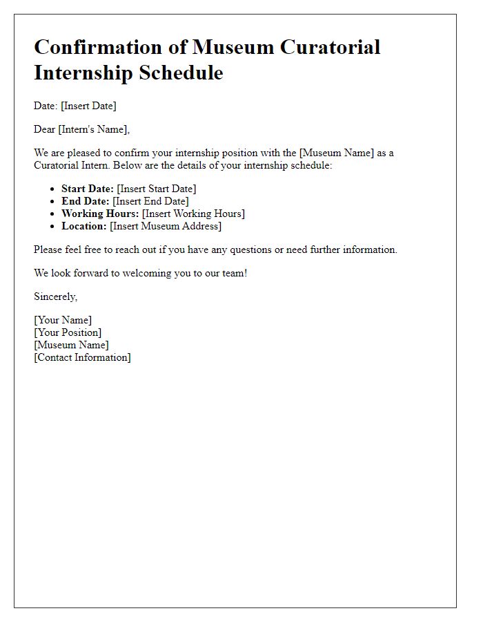 Letter template of confirmation for museum curatorial internship schedule