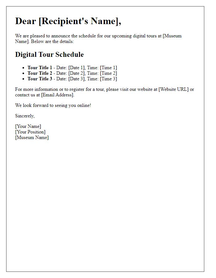 Letter template of museum digital tour schedule