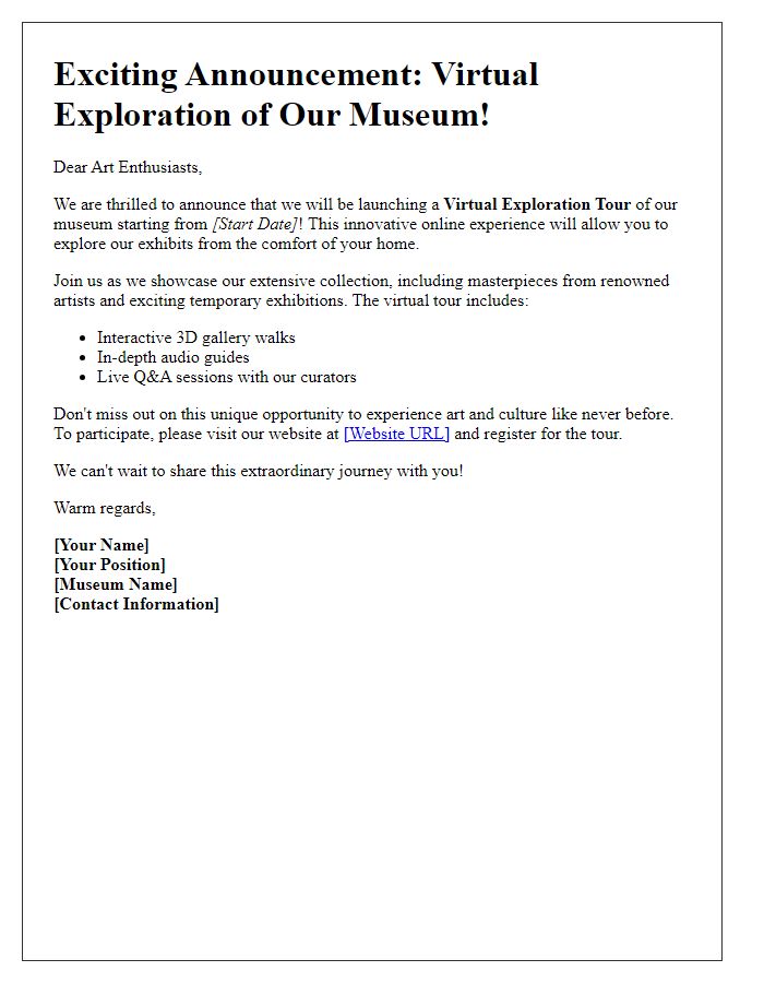 Letter template of museum virtual exploration announcement