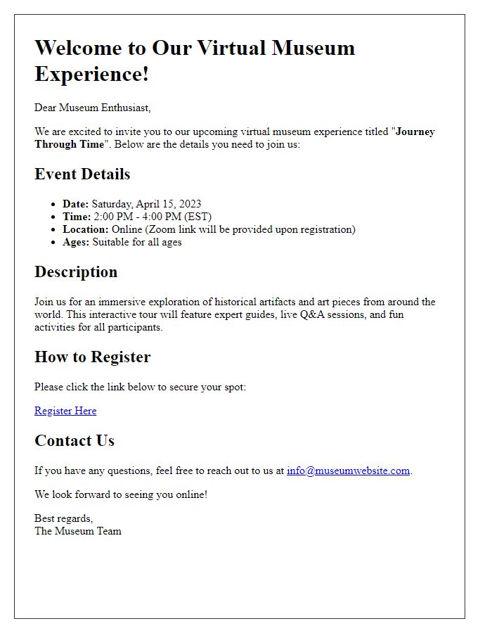 Letter template of virtual museum experience details