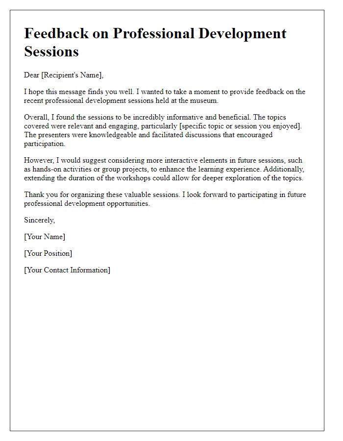 Letter template of feedback on museum professional development sessions.