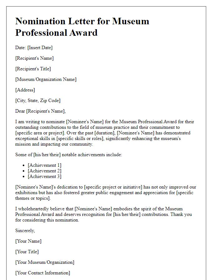 Letter template of nomination for museum professional award.