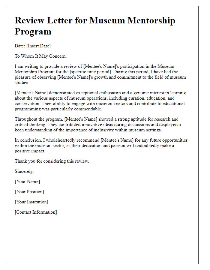 Letter template of review for a museum mentorship program.