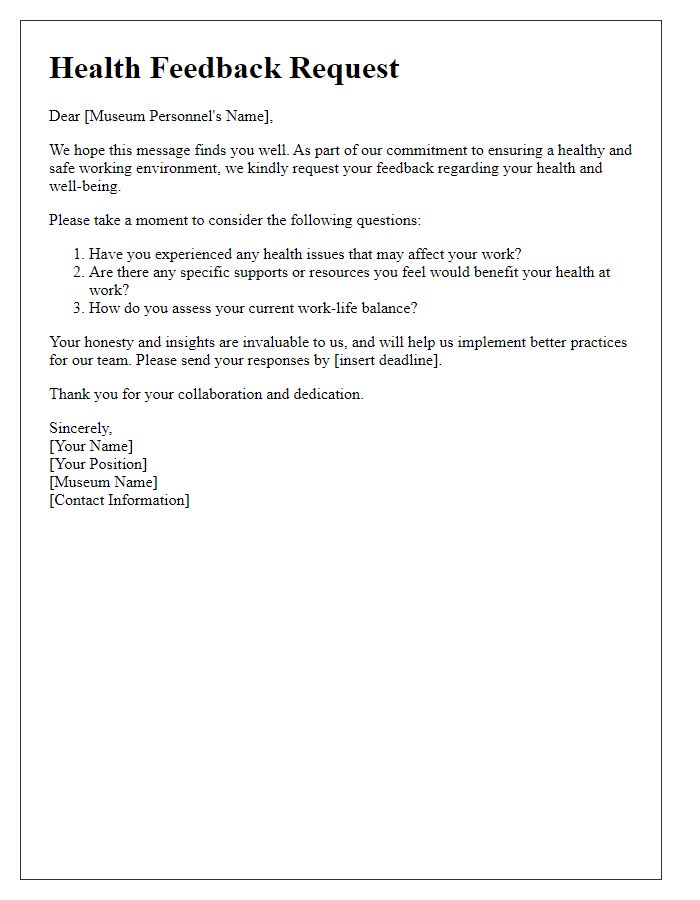 Letter template of health feedback request for museum personnel.