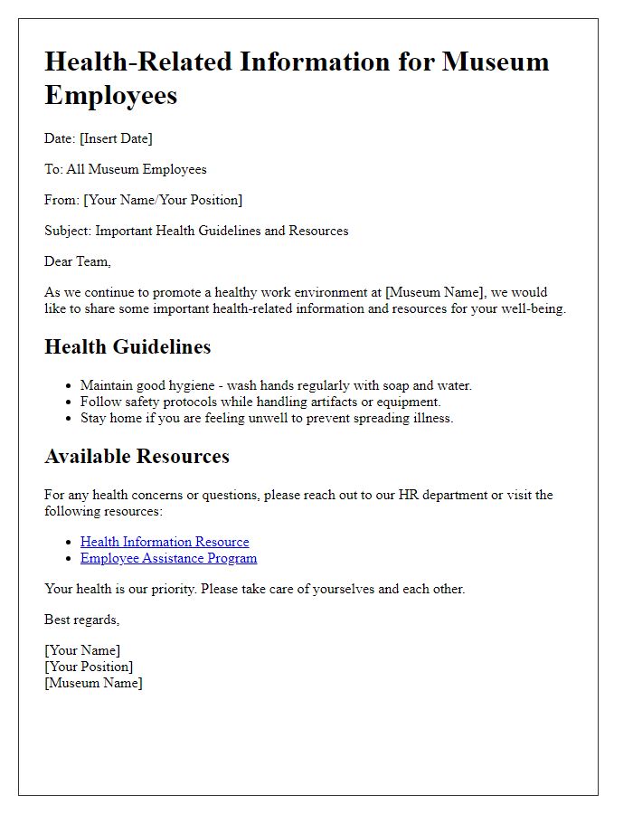 Letter template of health-related information for museum employees.