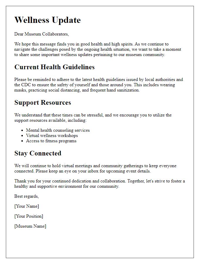 Letter template of wellness update for museum collaborators.