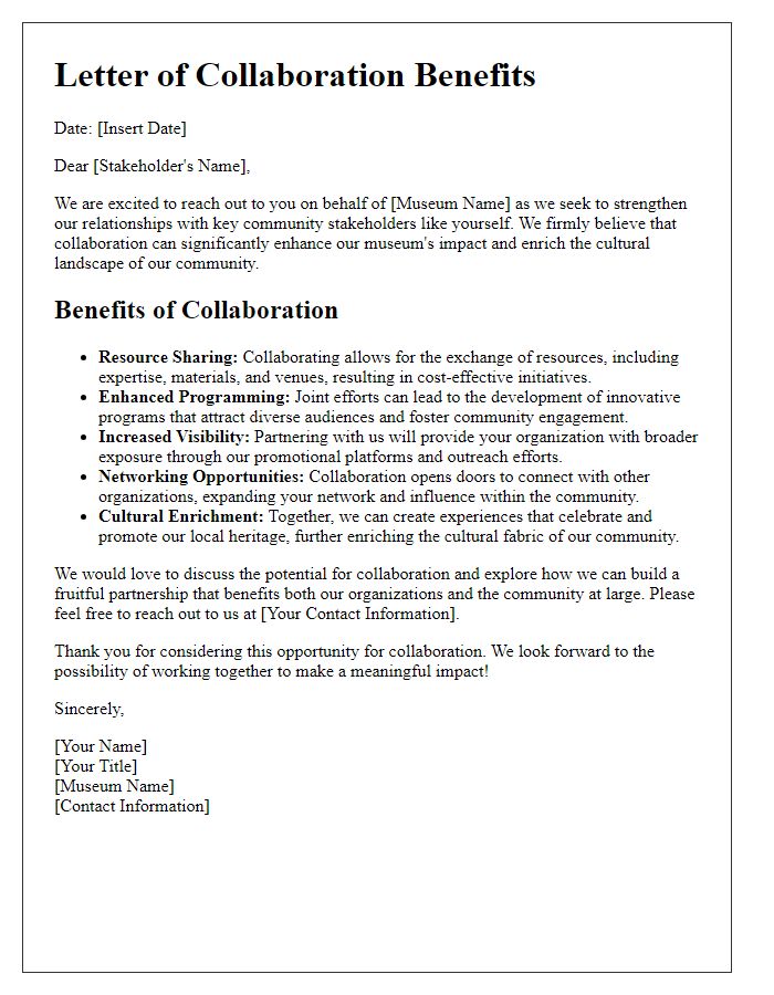 Letter template of collaboration benefits for museum community stakeholders