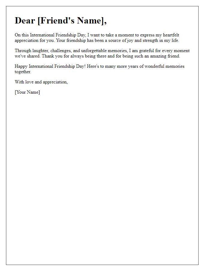 Letter template of International Friendship Day appreciation note