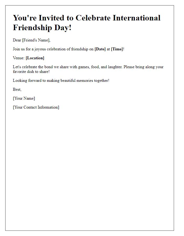 Letter template of International Friendship Day celebration invitation