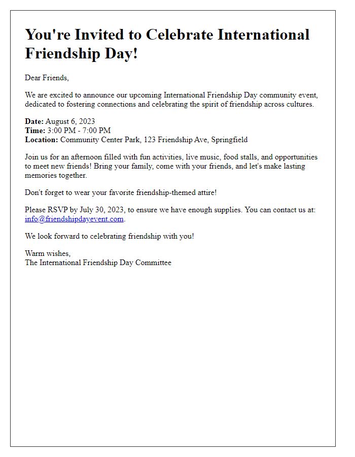 Letter template of International Friendship Day community event announcement