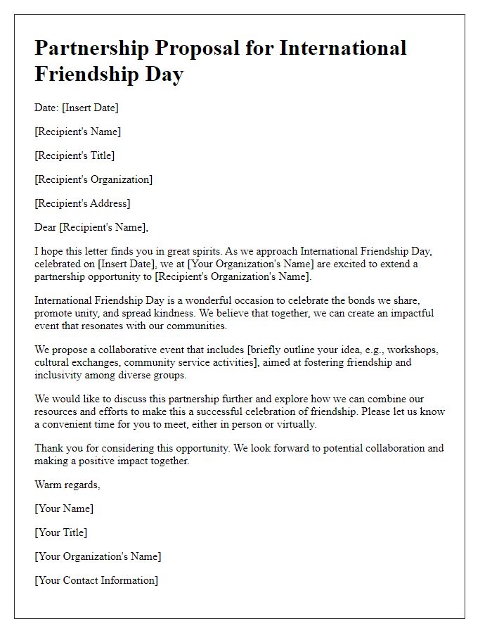 Letter template of International Friendship Day partnership proposal