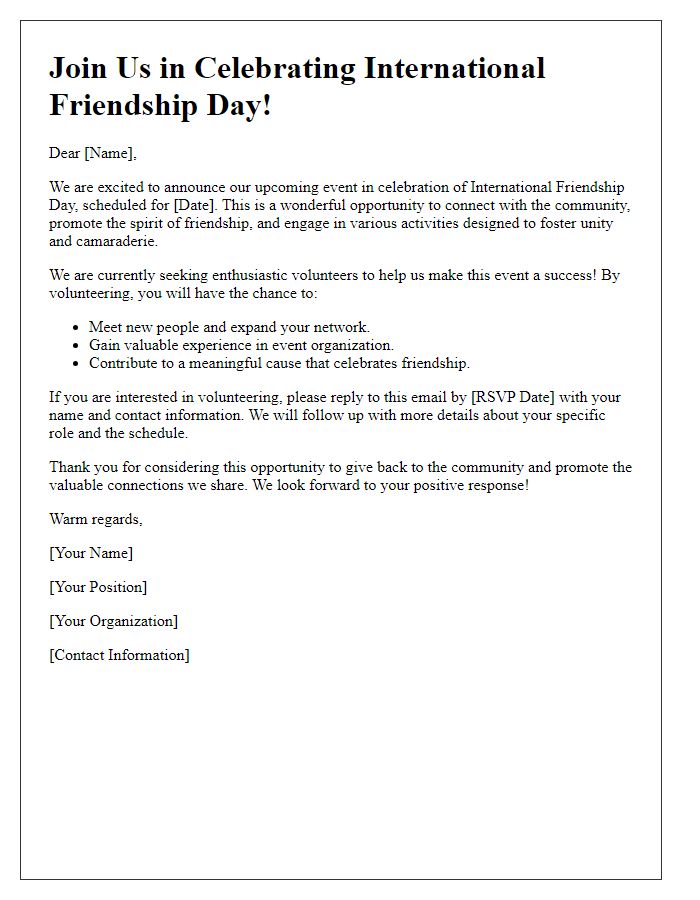 Letter template of International Friendship Day volunteer recruitment