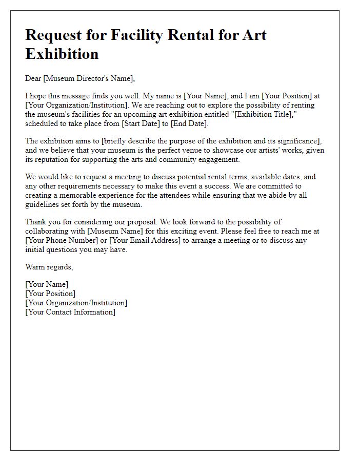 Letter template of museum facility rental appeal for art exhibition.