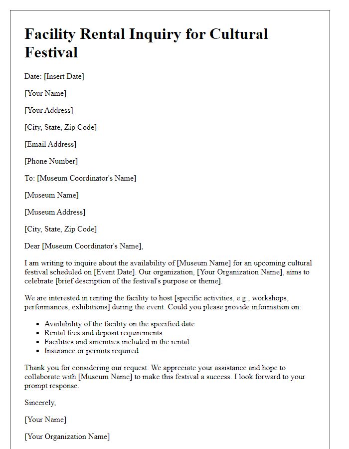 Letter template of museum facility rental inquiry for cultural festival.