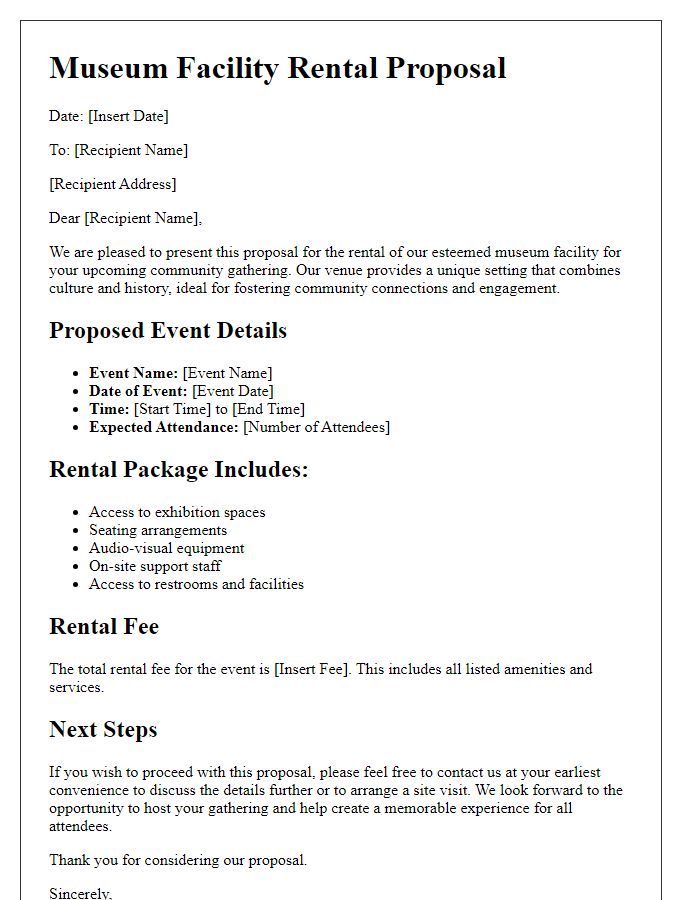 Letter template of museum facility rental proposal for community gathering.