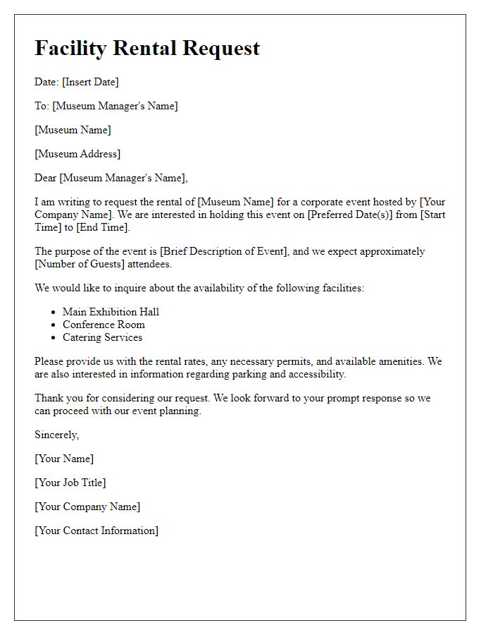 Letter template of museum facility rental request for corporate event.