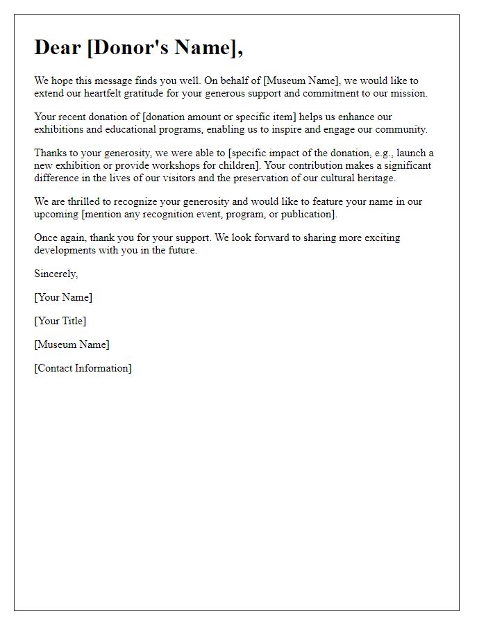 Letter template of appreciation for museum donor recognition