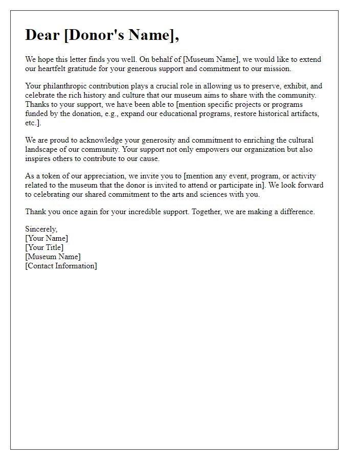 Letter template of tribute for museum philanthropic support