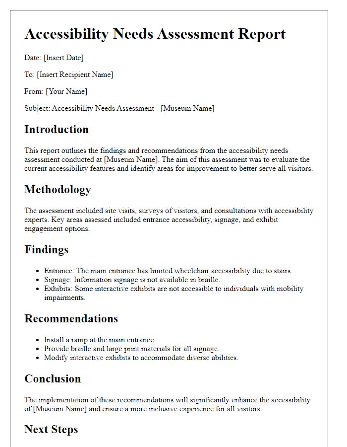 Letter template of report on accessibility needs assessment in museums