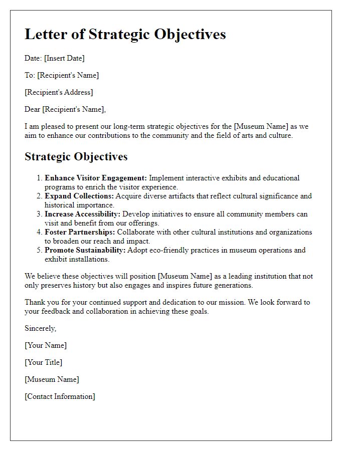 Letter template of museum long-term strategic objectives