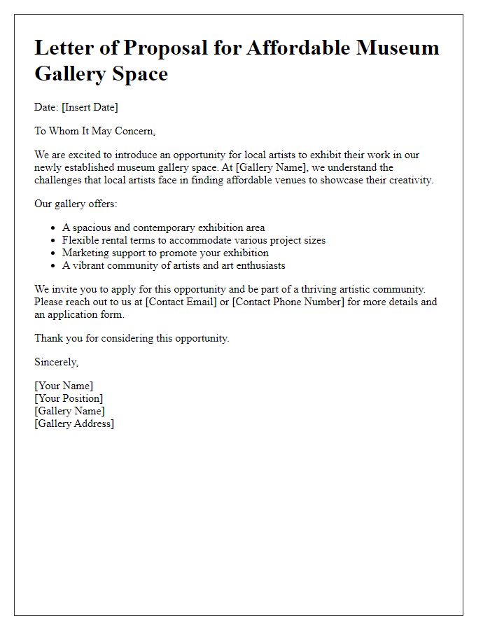 Letter template of Affordable Museum Gallery Space for Local Artists