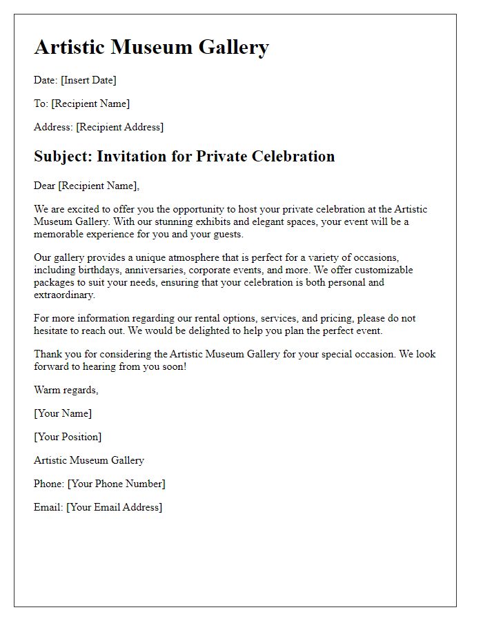 Letter template of Artistic Museum Gallery Space for Private Celebrations