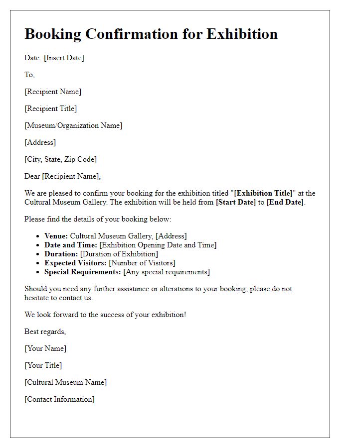 Letter template of Cultural Museum Gallery Booking for Exhibitions