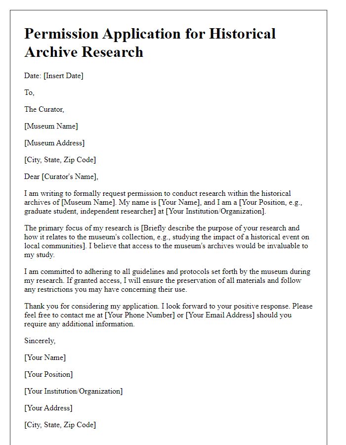 Letter template of permission application for museum historical archive research.