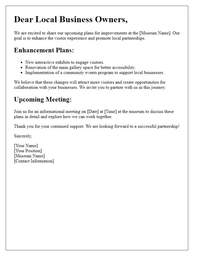 Letter template of museum improvement plans for local businesses