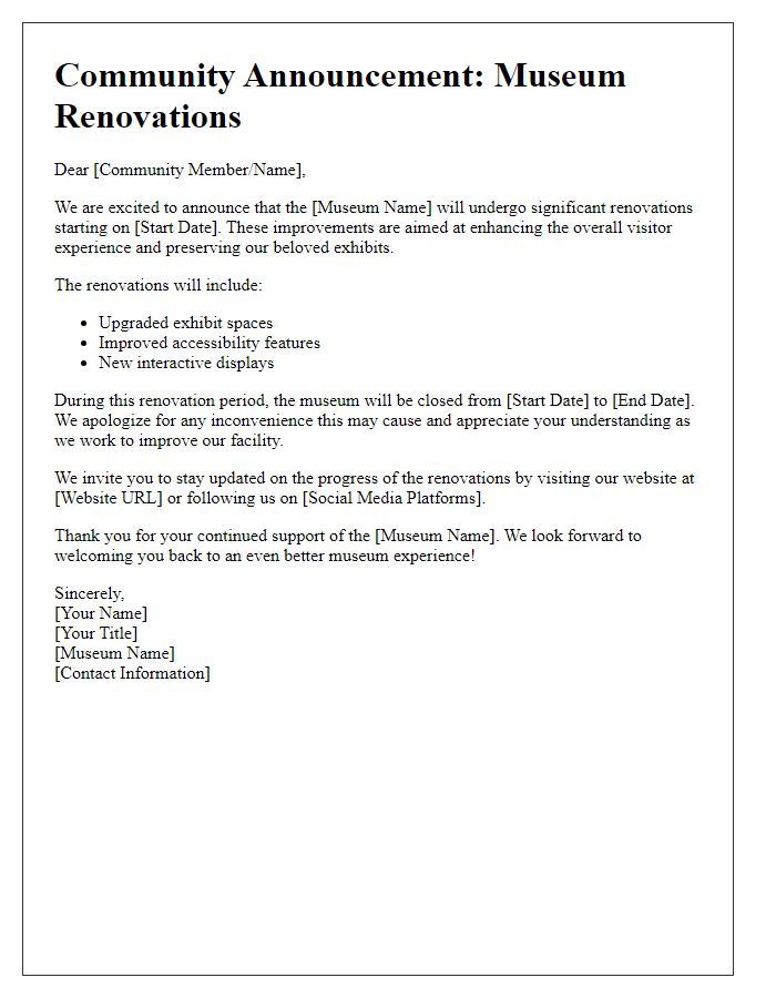 Letter template of museum renovations for community announcement